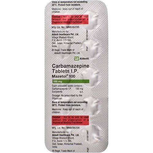 Mazetol 100mg (Carbamazepine) 200 tablets silver blister strips with brown round tablets, online pharmacy treatment option for epilepsy and mood stabilization