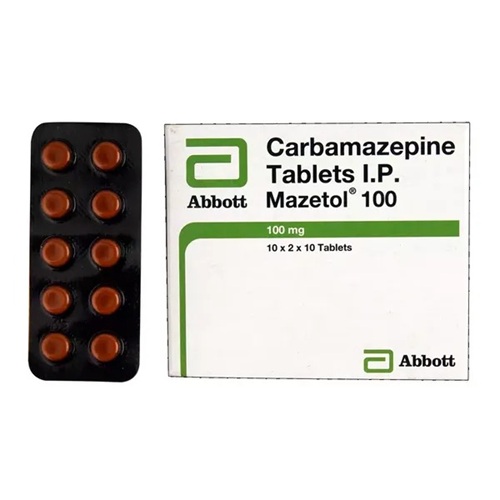 Mazetol 100mg (Carbamazepine) 200 tablets branded carton with multiple blister packs displayed, online pharmacy supplement for bipolar disorder and long-term therapy