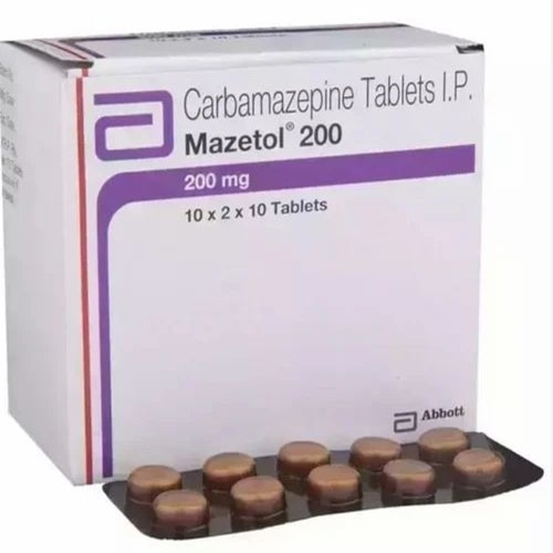 Mazetol 200mg (Carbamazepine) 200 tablets Abbott white and purple box packaging with brand logo, online pharmacy anticonvulsant medication for seizure treatment