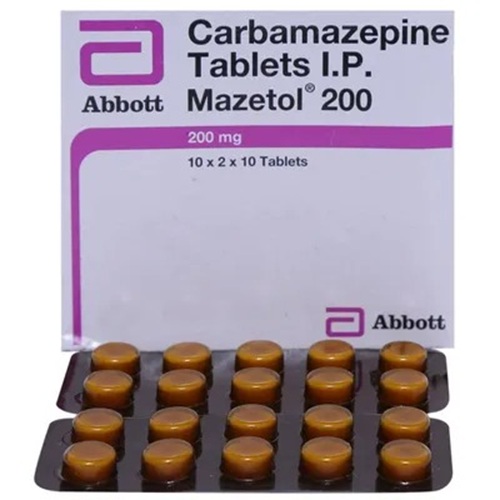 Mazetol 200mg (Carbamazepine) 200 tablets branded carton with multiple blister packs displayed, online pharmacy supplement for bipolar disorder and long-term therapy