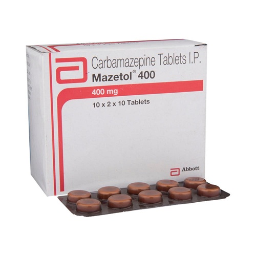 Mazetol 400mg (Carbamazepine) 100 tablets branded carton with dark red round tablets in blister packs, online pharmacy supplement for epilepsy and bipolar disorder management