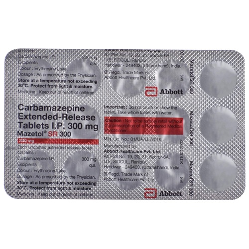 Mazetol SR 300 silver blister pack showing carbamazepine tablets, extended-release therapy for seizures, neuropathic pain, and mood stabilization, online pharmacy