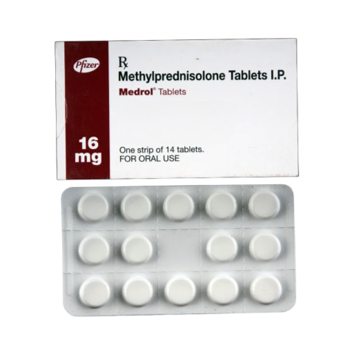Medrol 16mg tablets silver blister strip with printed text and round white tablets
