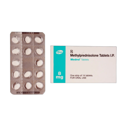 Blister pack of Medrol 8mg tablets with dosage and brand labeling visible