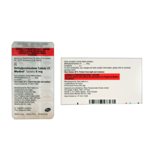 Backside of Medrol 8mg blister pack showing detailed prescription and composition information