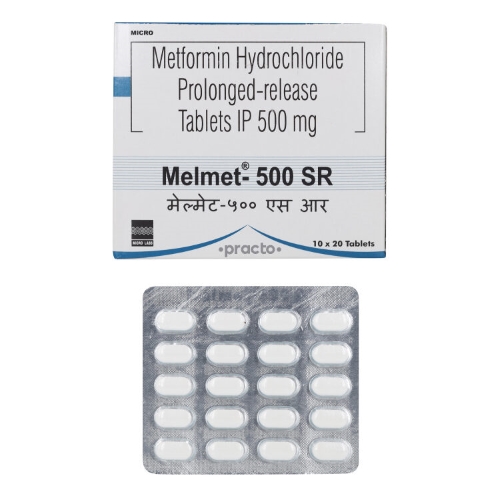 Melmet 500 SR blister strip close-up, tablets and printed label details visible