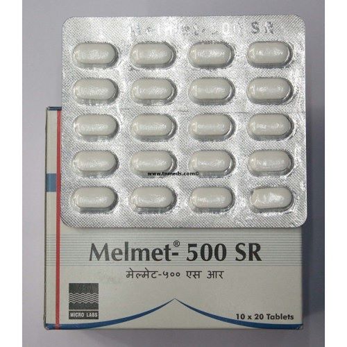 Melmet 500 SR box with multiple blister strips arranged, packaging and dosage identifiable