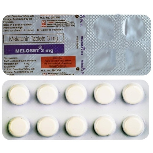 Meloset 3mg white round tablets in silver blister sheet with label