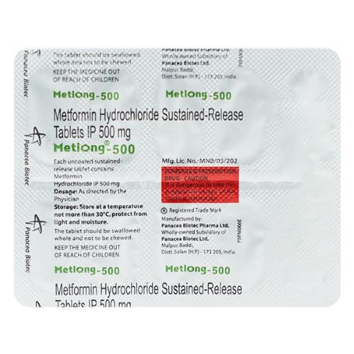 Metlong 500mg tablets box with multiple blister strips
