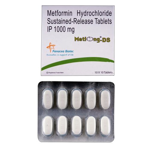 Metlong DS 1000mg tablets blister strip close-up