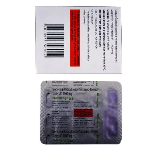 Metlong DS 1000mg tablets box with multiple blister strips
