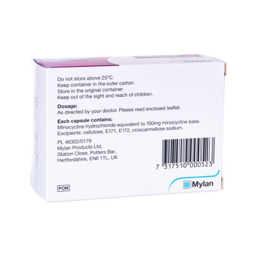 Minocin MR 100mg product box rear side showing barcode and details