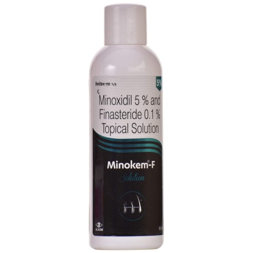 Minokem F 5% Solution 90ml single bottle close-up, label and packaging legible