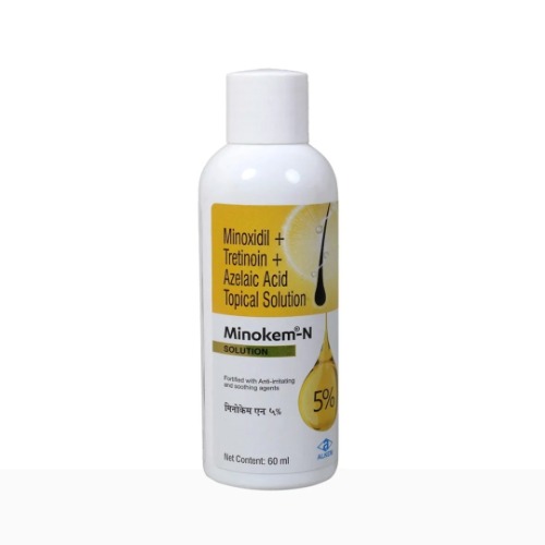 Minokem N 5% Solution 60ml single bottle close-up, label and packaging legible