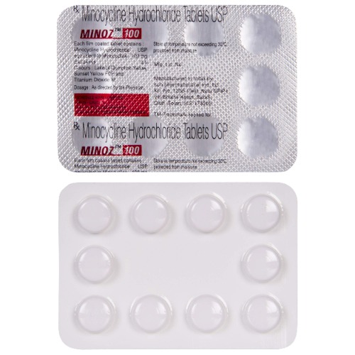Minoz 100mg blister pack, front view with tablets inside