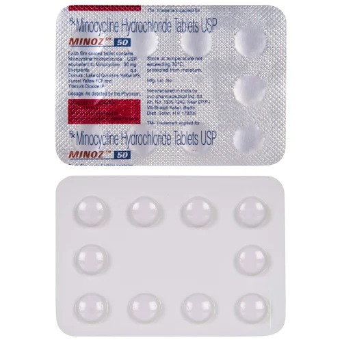 Minoz 50mg (Minocycline HCl) blister pack showing 10 white round tablets with printed label