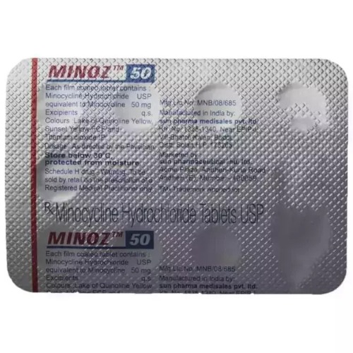 Minoz 50mg (Minocycline HCl) silver blister pack back side with red and blue printed dosage text