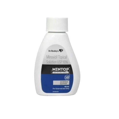 Mintop 10% (Minoxidil) white bottle with black label for hair regrowth treatment