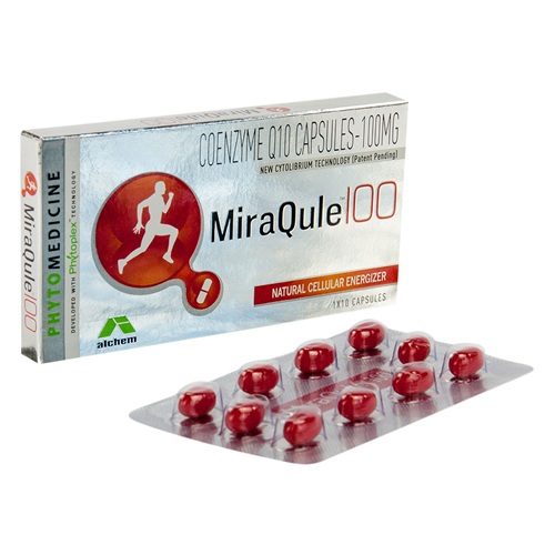 MiraQule 100 (Coenzyme Q10) 100mg 10 capsules carton packaging with red blister strips for cardiovascular support and energy production supplement online pharmacy