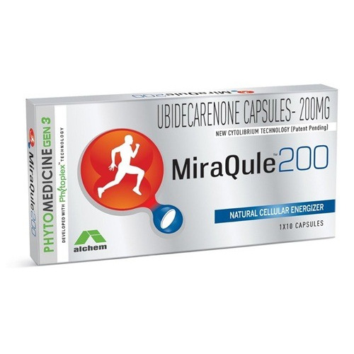 MiraQule 200 (Coenzyme Q10) 200mg 10 capsules carton packaging with blister strips for cardiovascular support and energy production supplement online pharmacy