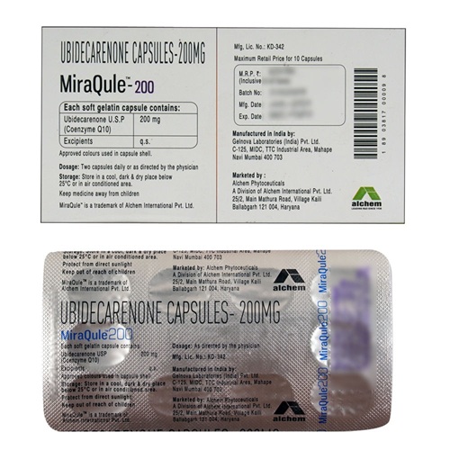 MiraQule 200 (Coenzyme Q10) 200mg 10 capsules foil blister close-up with printed details for mitochondrial energy and antioxidant therapy online pharmacy