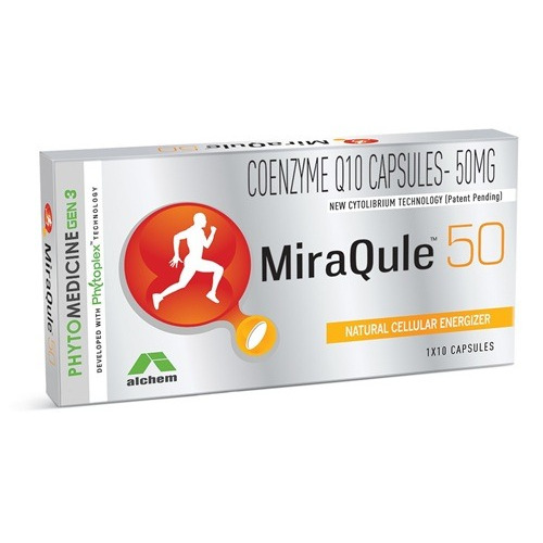 MiraQule 50 (Coenzyme Q10) 10 capsules white and orange blister pack with clear dosage print, dietary supplement for online pharmacy anti-aging and wellness