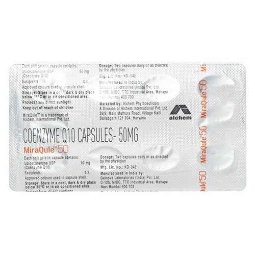 MiraQule 50 (Coenzyme Q10) 10 capsules silver foil blister strip with brand imprint, online pharmacy supplement for vitality, wellness, and daily use