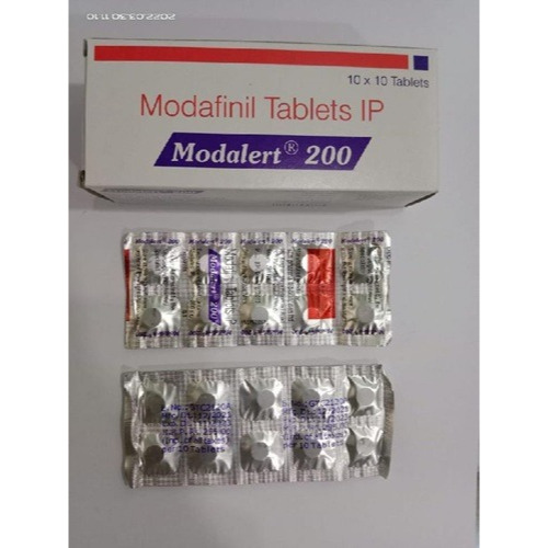 Modalert 200mg 100 tablets box with product label and tablet strip
