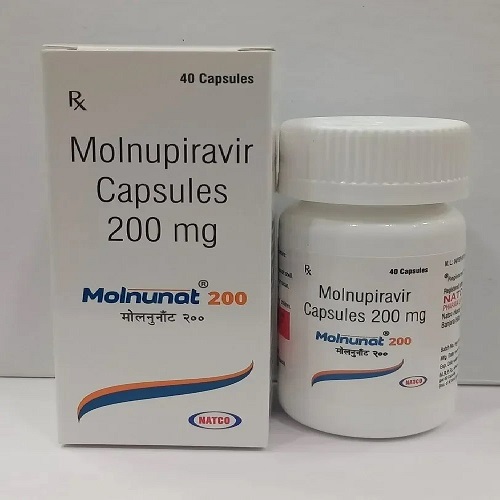 Molnunat 200mg (Molnupiravir) white pill bottle with outer box packaging displayed together