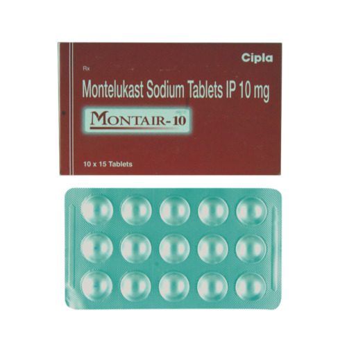 Montair 10 (Montelukast 10mg) Cipla red box packaging with green blister strip of tablets