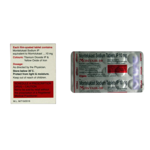 Montair 10 tablets 10mg silver blister strip with printed foil and Cipla branding