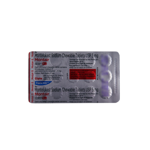 Montair 5 (Montelukast 5mg) foil blister strip with printed text and Cipla branding