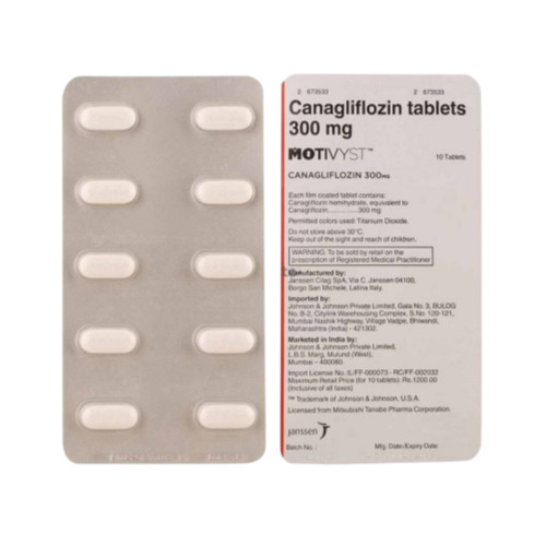Motivyst 300mg blister strip close-up, 10 white oblong tablets and printed foil details