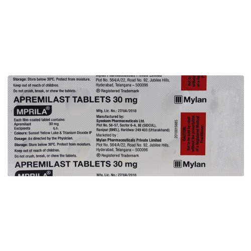 Mprila 30mg (Apremilast) silver blister pack showing printed dosage and red label