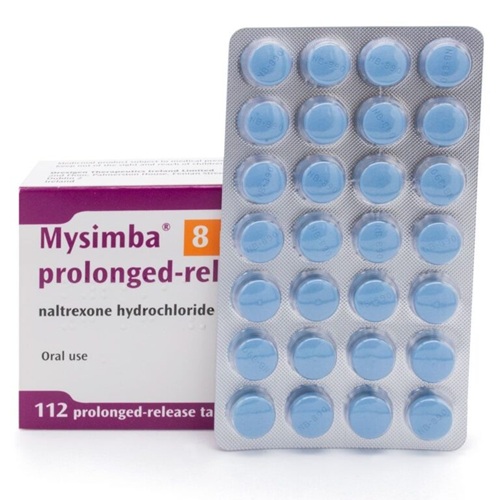 Mysimba 8/90 blue round tablets arranged in blister pack with outer carton