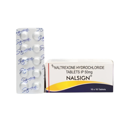 Nalsign 50 tablets with white-yellow box and clear foil blister pack