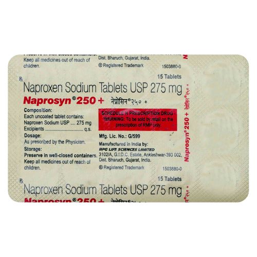 Naprosyn 250 Plus (Naproxen Sodium) branded silver foil blister pack with dosage details