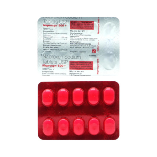 Naprosyn 500 Plus (Naproxen Sodium) branded silver foil blister pack with dosage details