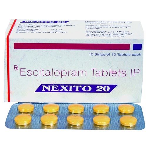 Nexito 20mg Escitalopram tablets outer carton with product branding and blister strip