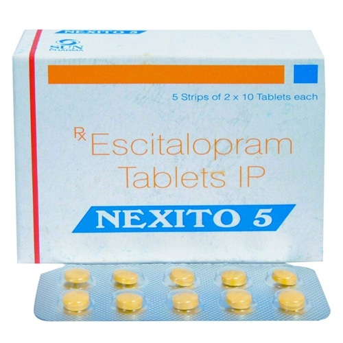 Nexito 5mg Escitalopram tablets box with blister strip packaging
