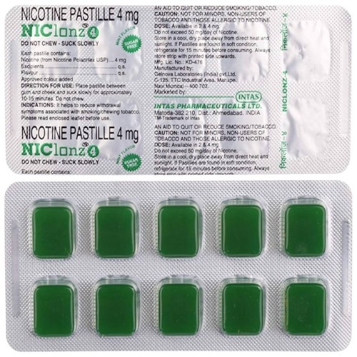 Close-up of Niclonz 4mg blister strip showing all 10 green pastilles and foil backing