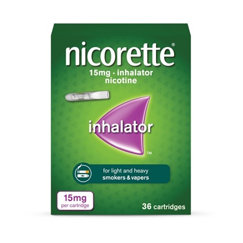Nicorette 15mg inhalator front packaging with 36 cartridges
