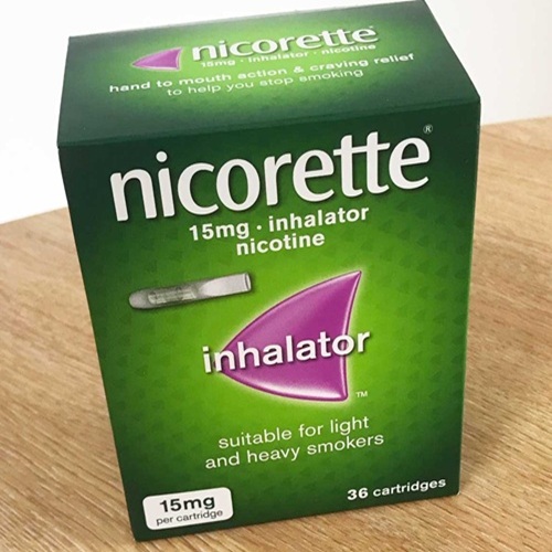 Nicorette 15mg inhalator nicotine replacement therapy box angled view