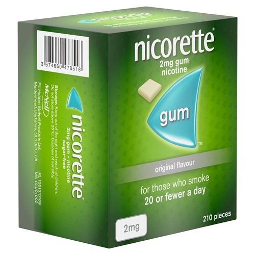 Nicorette 2mg freshmint gum box side angle showing Cipla branding and label details