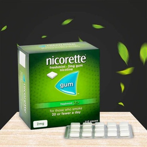 Nicorette 2mg freshmint nicotine gum pack displayed with blister strip and product box