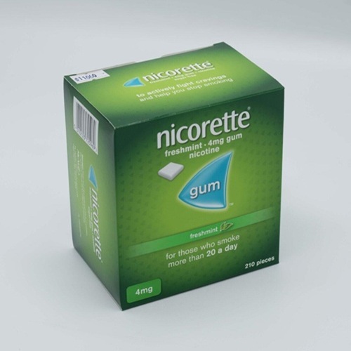 Nicorette 4mg Freshmint gum box side view with product packaging and label