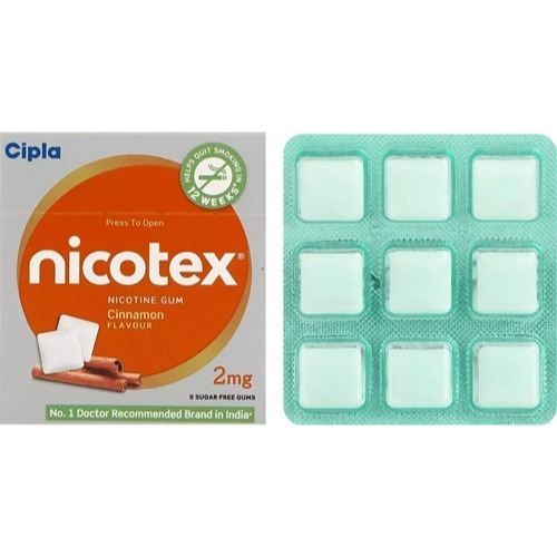 Nicotex 2mg cinnamon nicotine gum blister pack with product box displayed