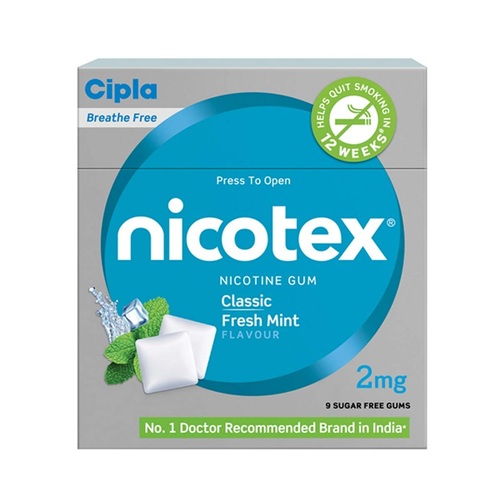 Nicotex 2mg classic fresh mint flavour chewing gum pack front view with Cipla branding