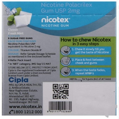 Nicotex 2mg classic fresh mint gum back side packaging with product details and QR code