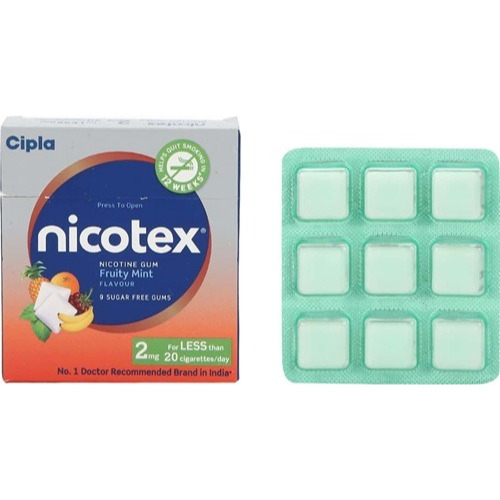 Nicotex 2mg nicotine chewing gum open pack with green blister strip fruity mint edition